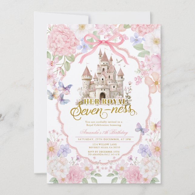 Invitación Soft Coquette Butterflies Royal seveness Birthday  (Anverso)