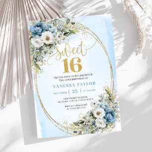 Invitación Soft Dusty Blue Floral Gold Sweet Sixte