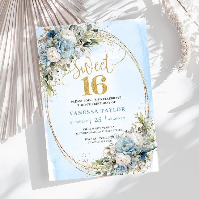Invitación Soft Dusty Blue Floral Gold Sweet Sixteen Invite (Soft Dusty Blue Floral Gold Sweet Sixteen Invitation)