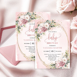 Invitación Soft Dusty Pink Flowers Eucalyptus Baby Shower Gir