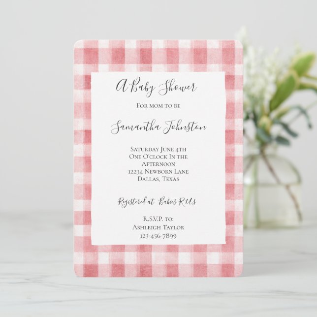 Invitación Soft Girly Pink White Plaid Stripes Baby Shower (Anverso de pie)