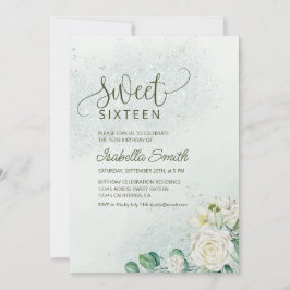 Invitación Soft Green & Blush Sweet 16 Invitation White Roses