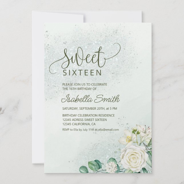 Invitación Soft Green & Blush Sweet 16 Invitation White Roses (Anverso)