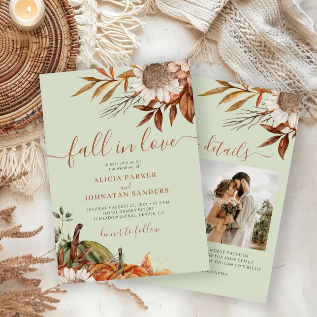 Invitación Soft green rust leaves boho floral fall wedding (Subido por el creador)