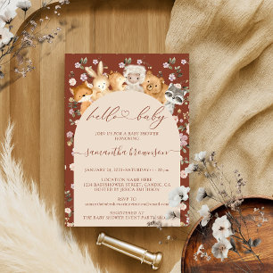 Invitación Soft Hello Baby Shower Forest Animals