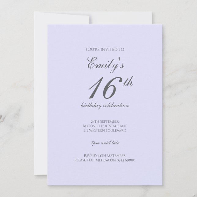 Invitación Soft Lavender Minimalist 16th Birthday Invitation (Anverso)