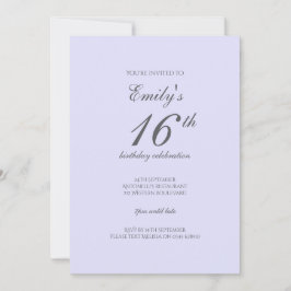 Invitación Soft Lavender Minimalist 16th Birthday Invitation