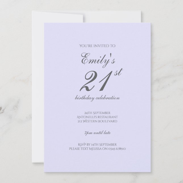 Invitación Soft Lavender Minimalist 21st Birthday Invitation (Anverso)