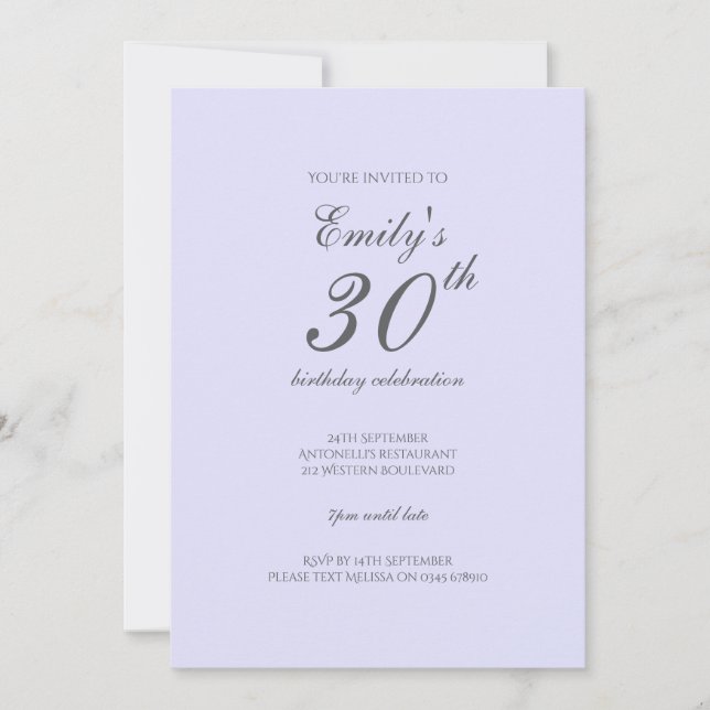 Invitación Soft Lavender Minimalist 30th Birthday Invitation (Anverso)