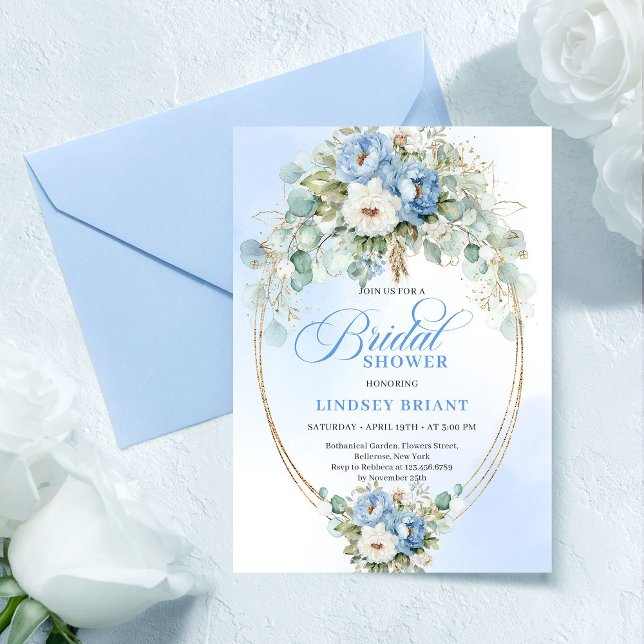 Invitación Soft Light Blue Peonies Gold Bridal Shower Invite (Soft Light Blue Peonies Gold Bridal Shower Invitation)