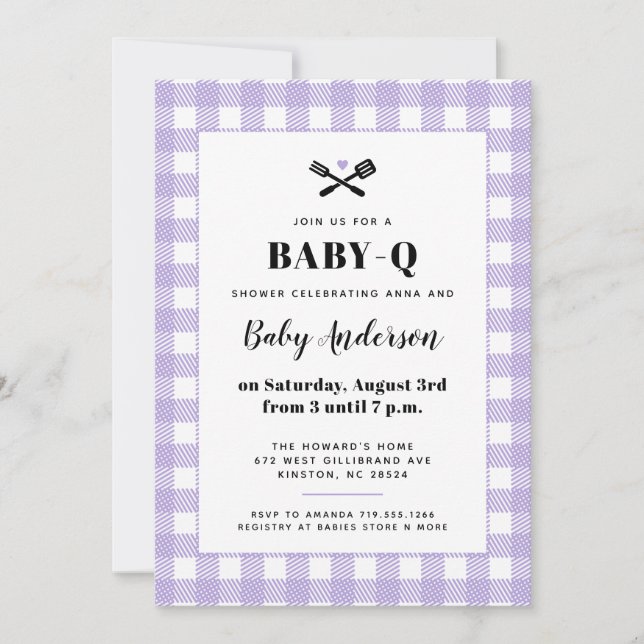 Invitación Soft Lilac Gingham Plaid Baby Shower BBQ (Anverso)