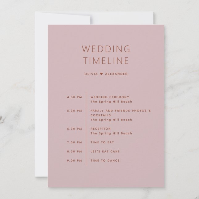 Invitación Soft Mauve Pink Timeline. Spring Wedding Itinerary (Reverso)