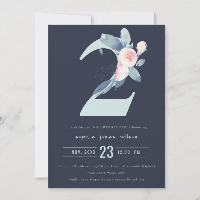 INVITACIÓN SOFT NAVY RUBOR BLUE FLORAL 2 CUALQUIER CUMPLEAÑOS (Anverso)
