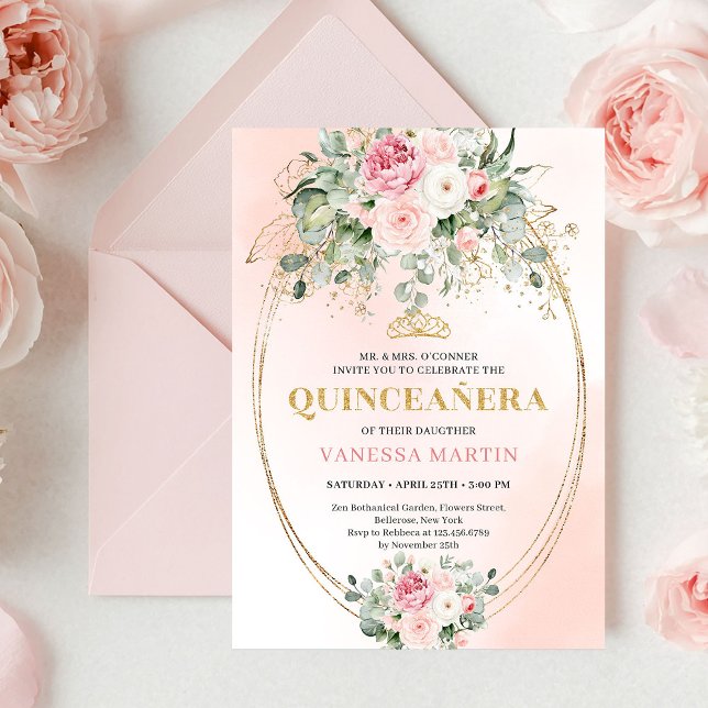 Invitación Soft Pale Pink Floral Bohemian Quinceañera Invite (Soft Pale Pink Floral Bohemian Quinceañera Invitation)