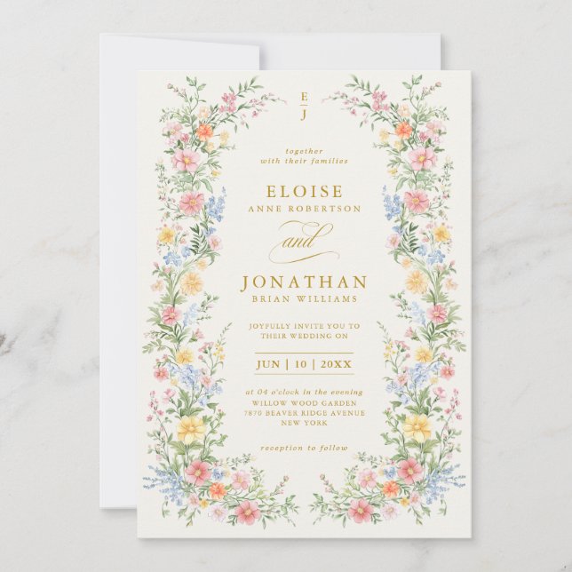 Invitación Soft Pastel Ornate Spring All in One Gold Wedding (Anverso)