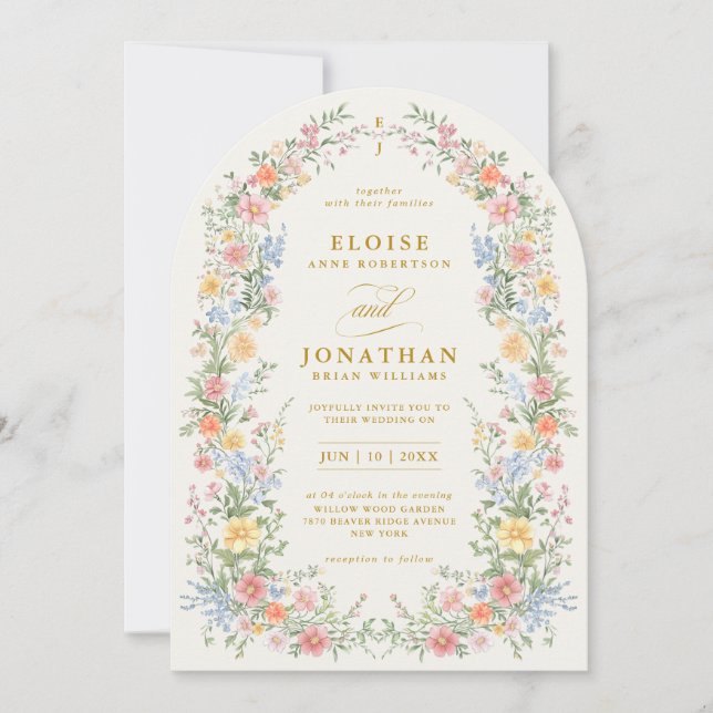 Invitación Soft Pastel Ornate Spring Floral Arch Gold Wedding (Anverso)