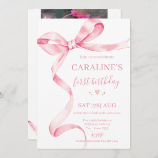 Invitación Soft Pastel Pink Bow 1st Birthday 