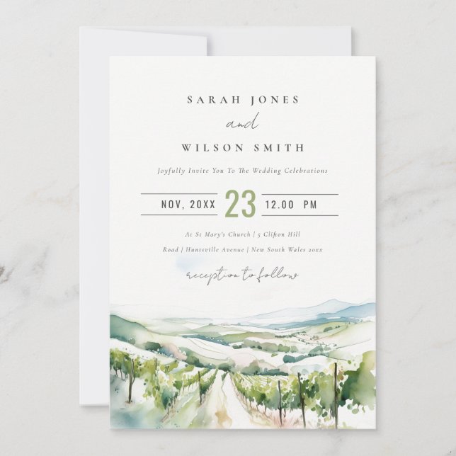 Invitación Soft Pastel Watercolor Vineyard Landscape Wedding (Anverso)