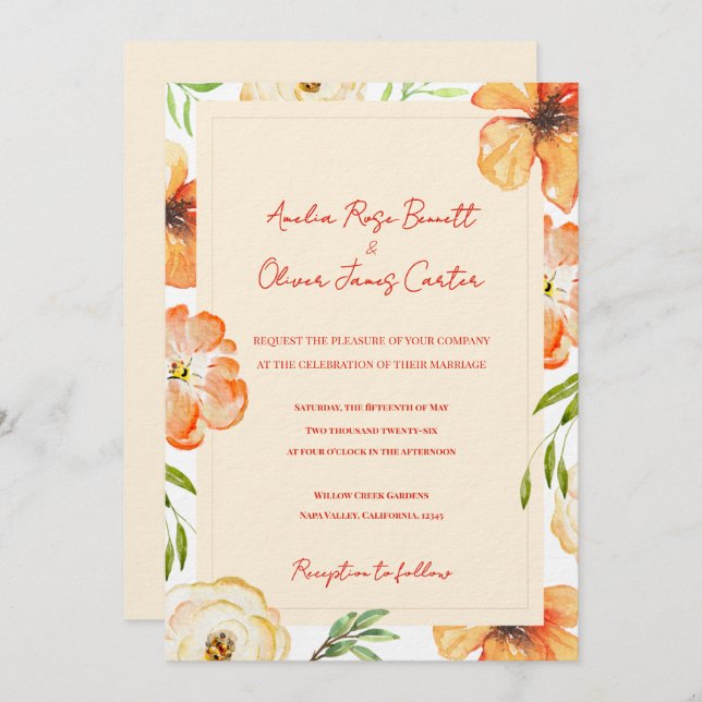 Invitación Soft Peach Garden Meadow Floral Wedding Invitation (Anverso / Reverso)