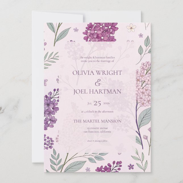 Invitación Soft Pink and Purple Lilac Floral Wedding  (Anverso)