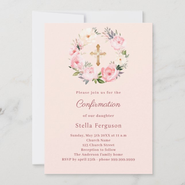 Invitación Soft pink blush florals cross Confirmation (Anverso)