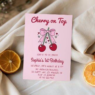 Invitación Soft Pink Bow Cherry on Top 1st Birthday