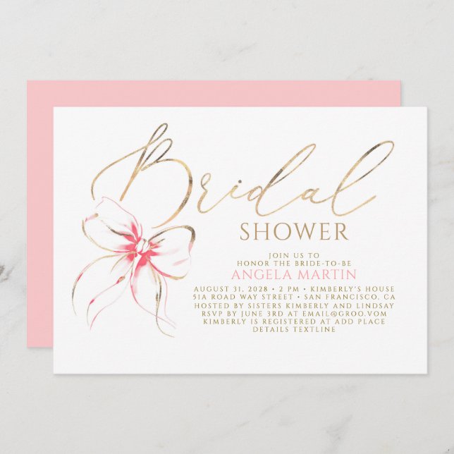 Invitación Soft Pink Bow Elegant Romantic Bridal Shower (Anverso / Reverso)