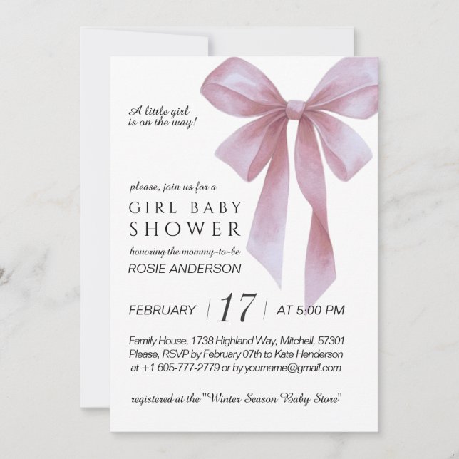 Invitación Soft Pink Bow Girl Baby Shower (Anverso)