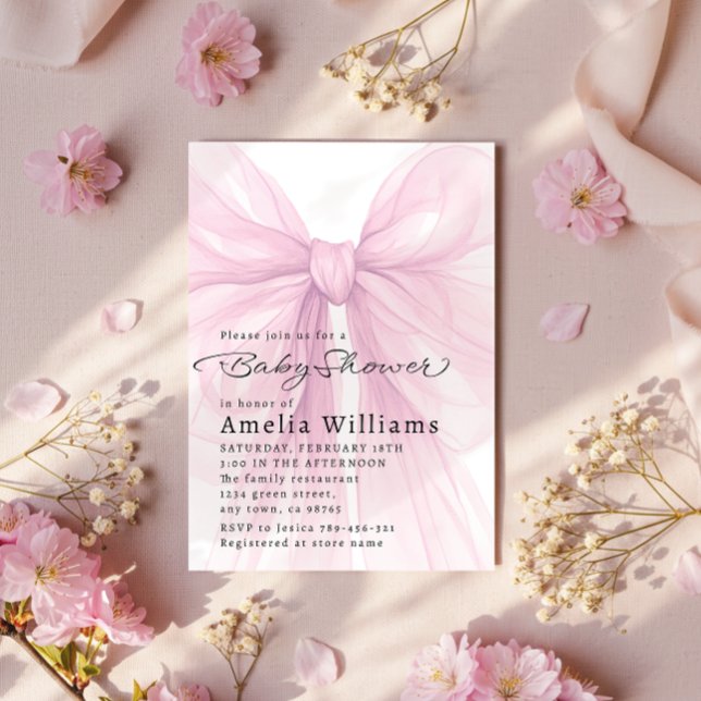 Invitación Soft Pink Bow Script Baby Shower Invite (Subido por el creador)