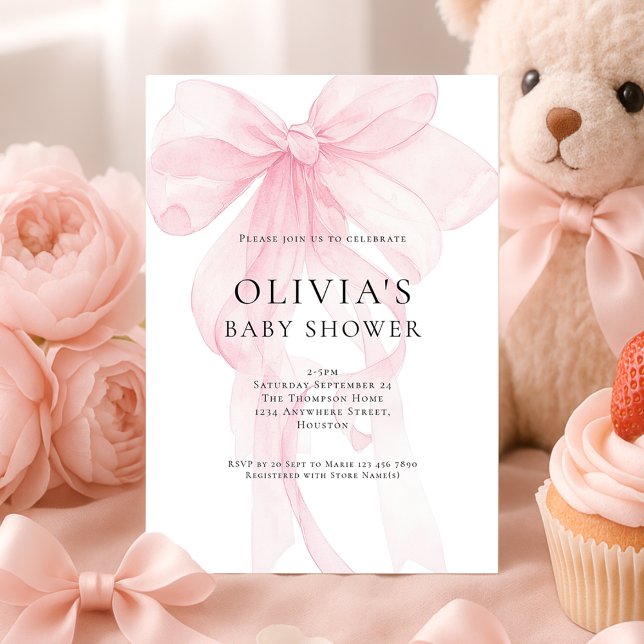 Invitación Soft Pink Bow Text Overlay Baby Shower (Subido por el creador)