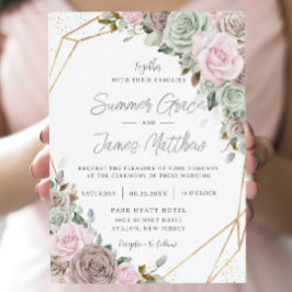 Invitación Soft Pink Brown Sage Green Floral Gold Wedding