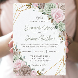 Invitación Soft Pink Brown Sage Green Floral Gold Wedding