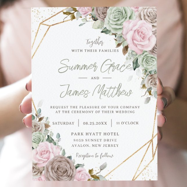 Invitación Soft Pink Brown Sage Green Floral Gold Wedding (Subido por el creador)