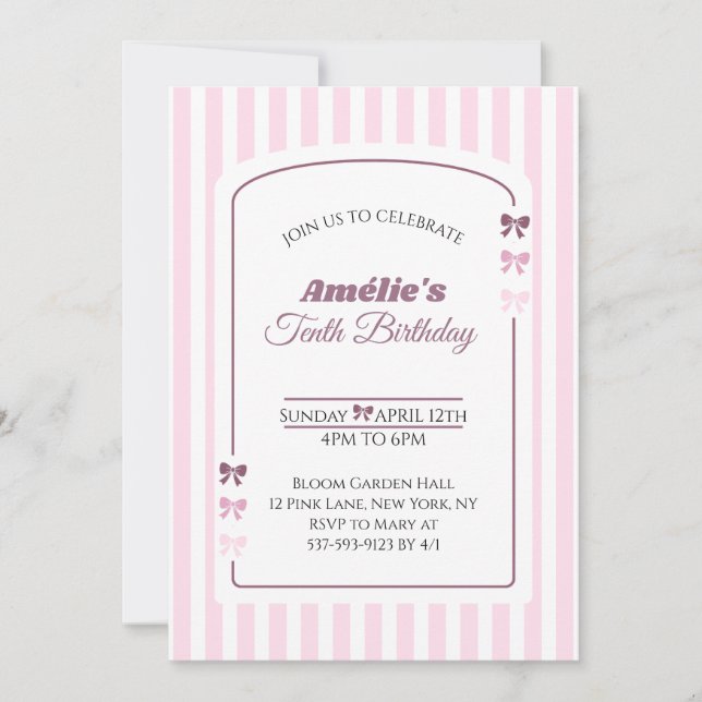 Invitación Soft Pink Coquette Bow Girl 10th Birthday Party (Anverso)