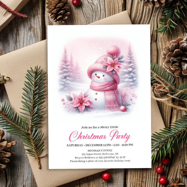 Invitación Soft Pink Coquette Snowman Digital Kids Christmas  (Soft Pink Coquette Snowman Digital Kids Christmas Invite)