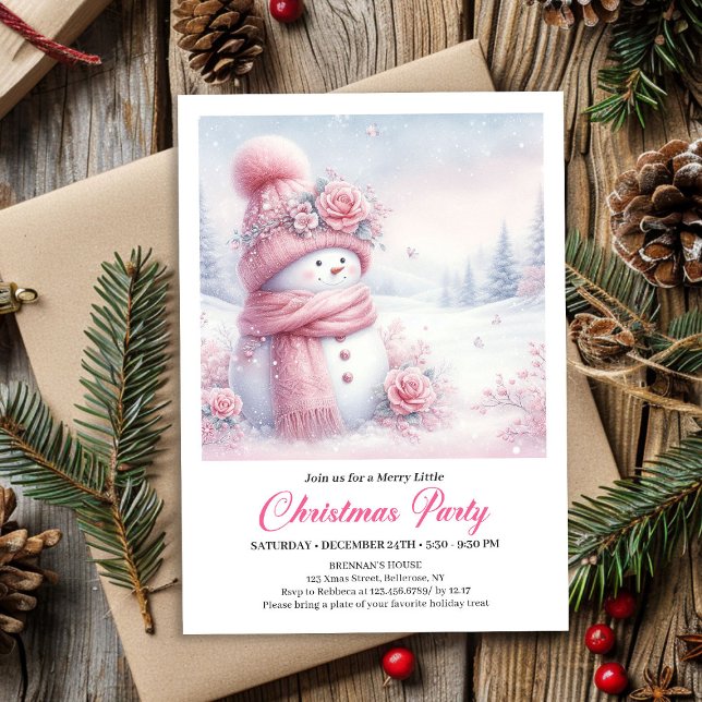 Invitación Soft Pink Coquette Snowman Editable Christmas Kids (Soft Pink Coquette Snowman Editable Christmas Kids Invite)