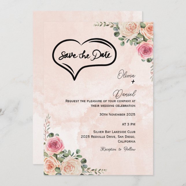 Invitación Soft Pink Cream Floral Wedding Save the Date  (Anverso / Reverso)