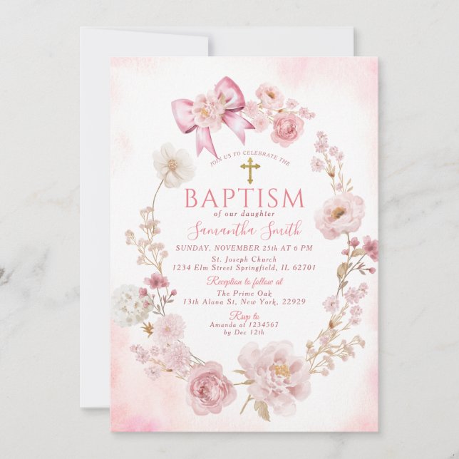 Invitación Soft Pink Dusty Rose Floral Cross Girl Baptism (Anverso)