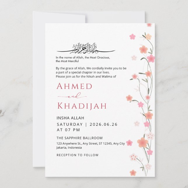 Invitación Soft Pink Floral Vine Islamic Wedding Nikah (Anverso)