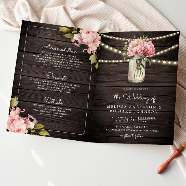 Invitación Soft Pink Flowers Mason Jar QR Code Wood Wedding (Subido por el creador)