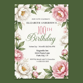 Invitación Soft Pink Magnolia and Peony 100th Birthday 