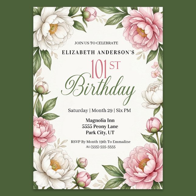 Invitación Soft Pink Magnolia and Peony 101st Birthday  (Elegant 101st birthday invitation featuring soft pink peonies white magnolia flowers green leaves )