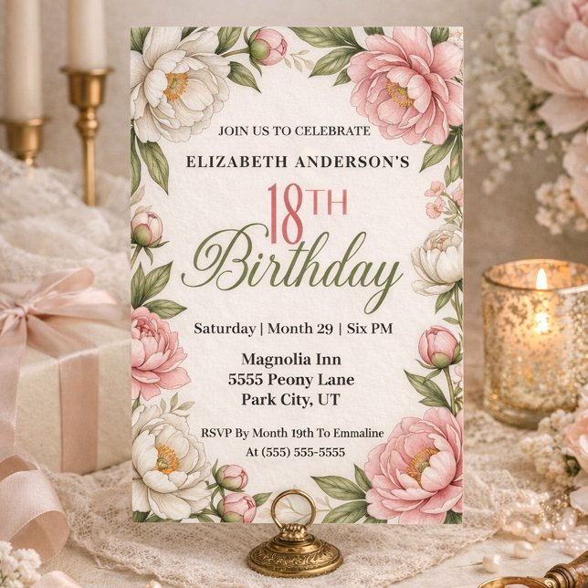 Invitación Soft Pink Magnolia and Peony 18th Birthday  (Subido por el creador)