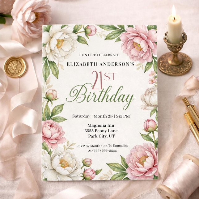 Invitación Soft Pink Magnolia and Peony 21st Birthday  (Subido por el creador)