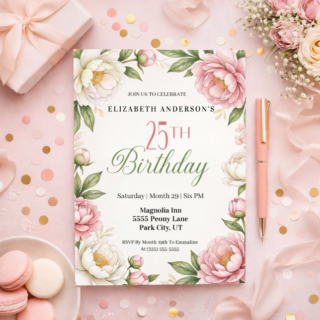 Invitación Soft Pink Magnolia and Peony 25th Birthday  (Subido por el creador)