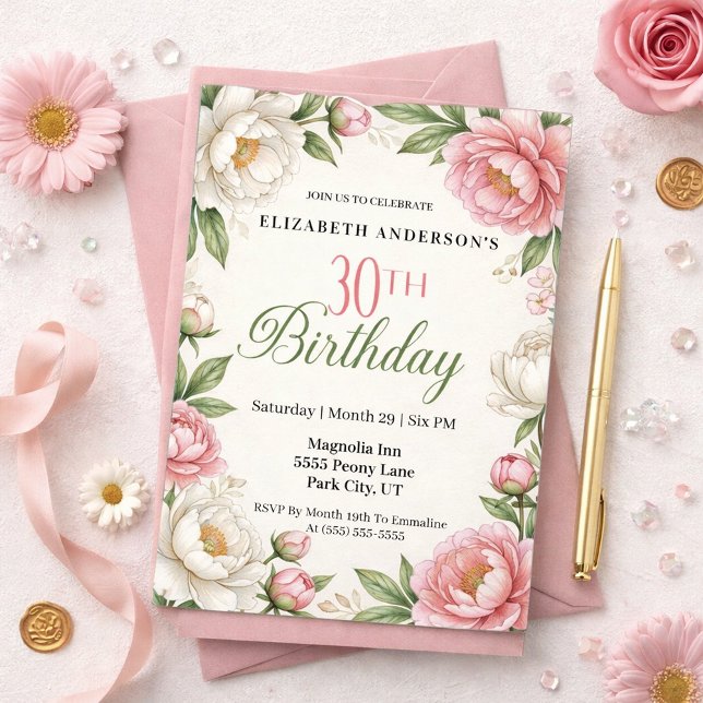 Invitación Soft Pink Magnolia and Peony 30th Birthday  (Subido por el creador)