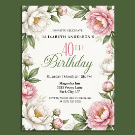 Invitación Soft Pink Magnolia and Peony 40th Birthday 