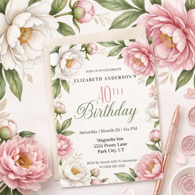 Invitación Soft Pink Magnolia and Peony 40th Birthday  (Subido por el creador)
