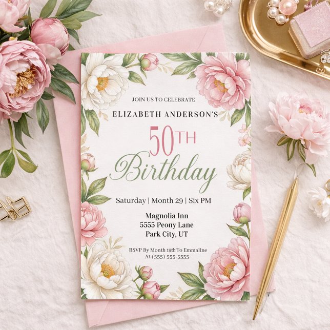 Invitación Soft Pink Magnolia and Peony 50th Birthday  (Subido por el creador)
