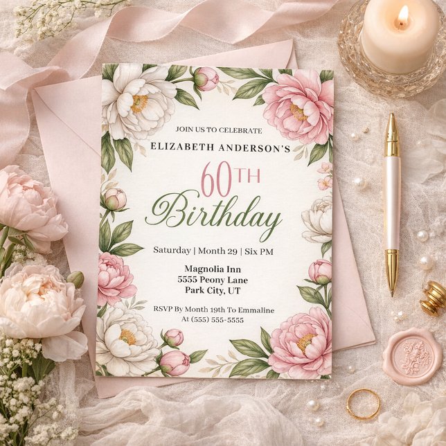 Invitación Soft Pink Magnolia and Peony 60th Birthday  (Subido por el creador)